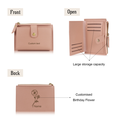 Portefeuille Femme Prénom et Texte Personnalisés avec Fleurs de naissance Porte-Monnaie Carte