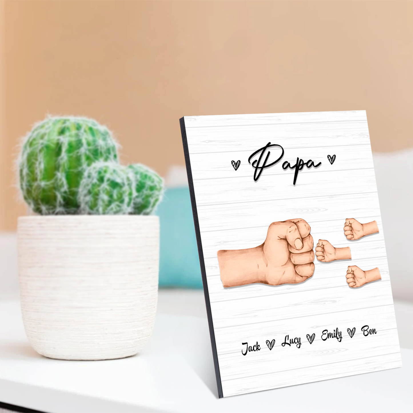 À Mon Papa/Papi-Cadre en Bois Poings 4 Prénoms Personnalisés avec Texte