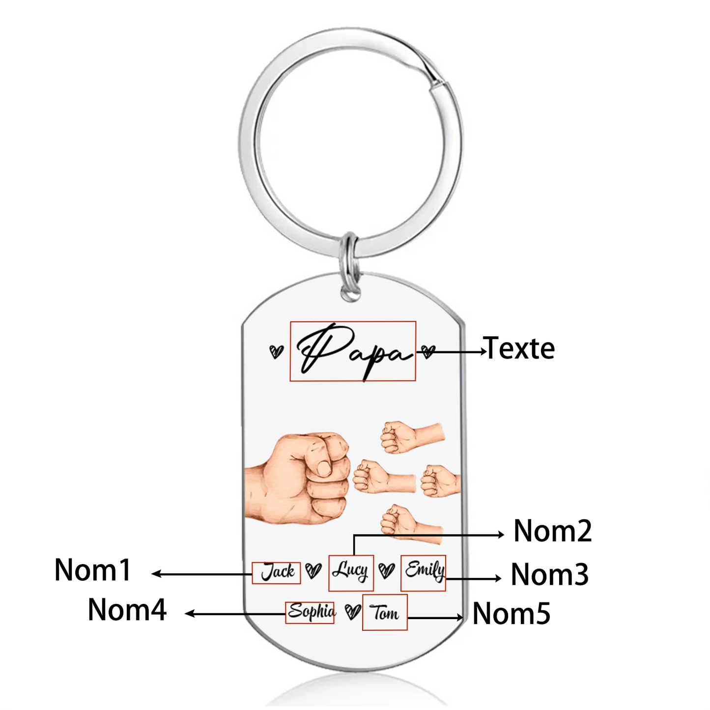 À mon Papa - Porte-Clés Poings 5 Prénoms Personnalisés