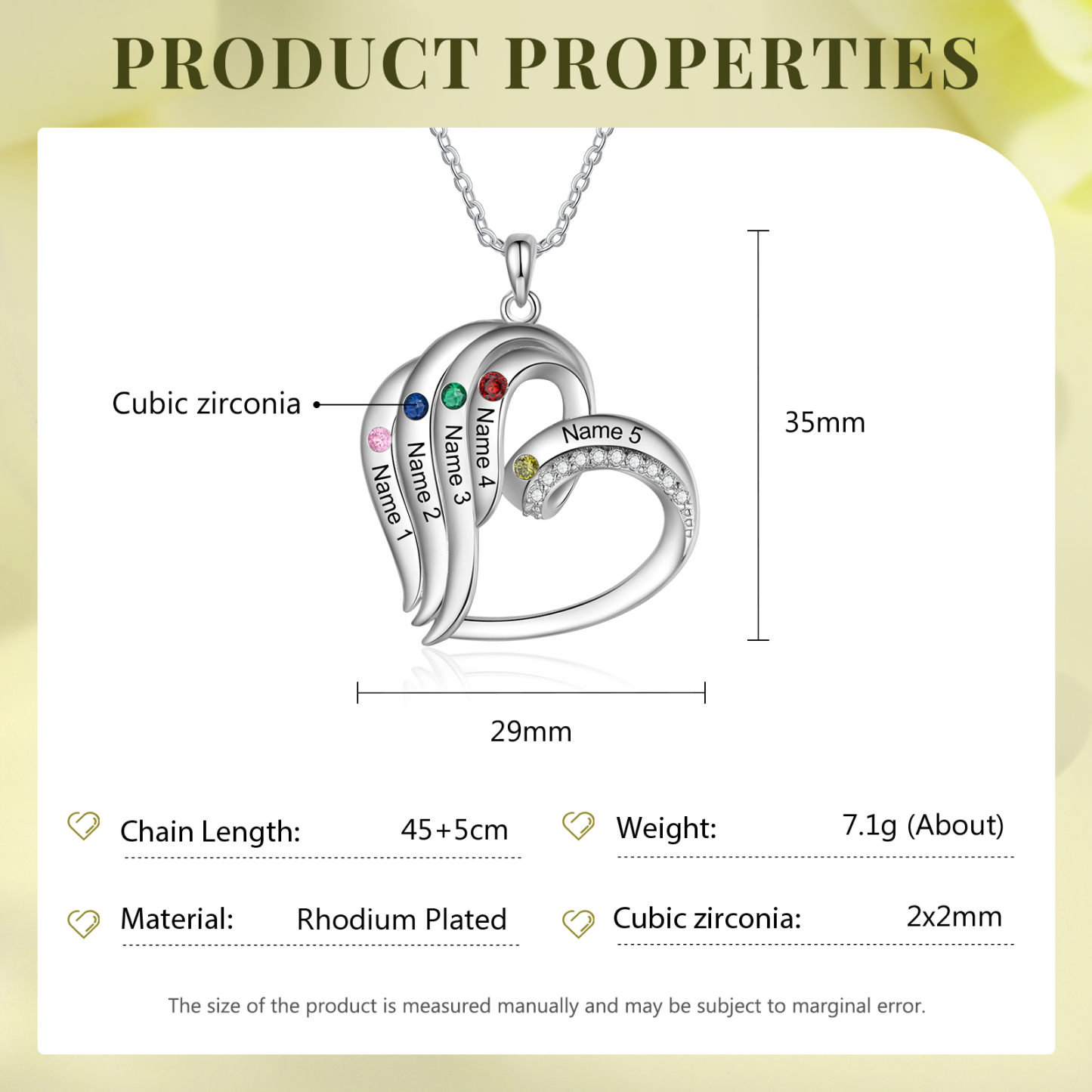 Collier Coeur 5 Prénoms Personnalisés avec Pierre de naissance pour Femmes|Jessemade