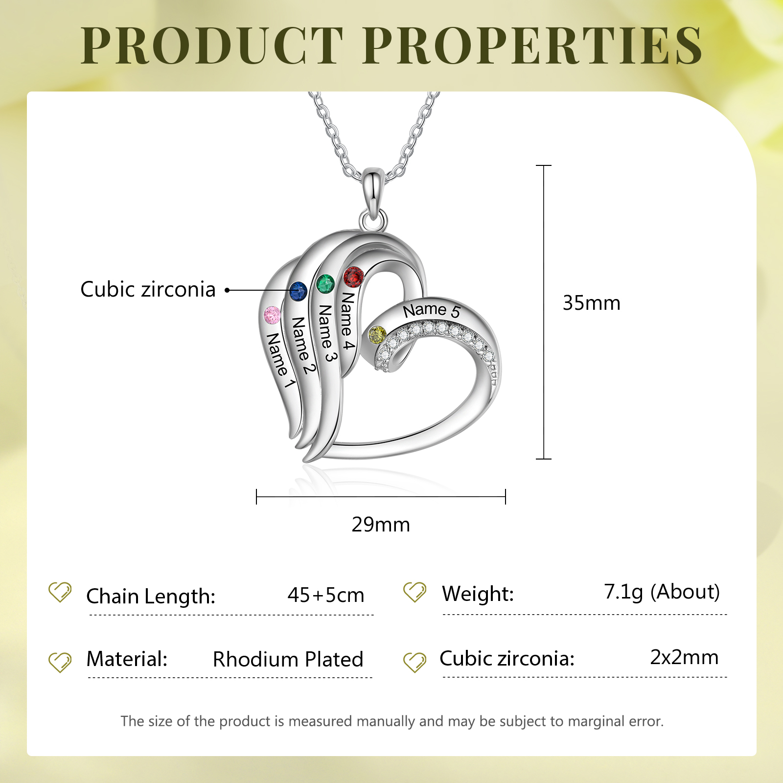 Collier Coeur 5 Prénoms Personnalisés avec Pierre de naissance pour Femmes|Jessemade