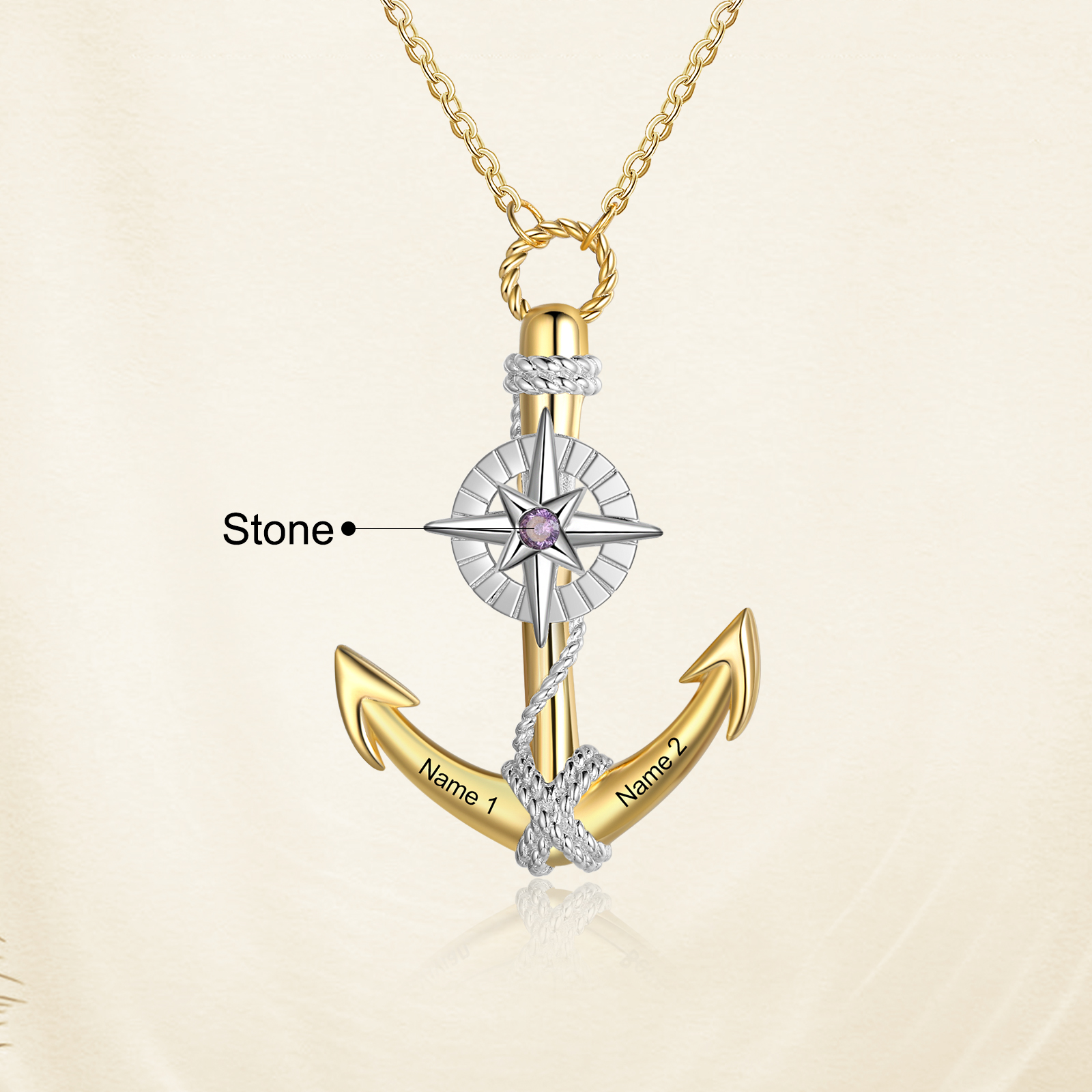Collier d'ancre marine nautique Pirate ancre pendentif 2 Prénom Personnalisés avec pierre de naissance