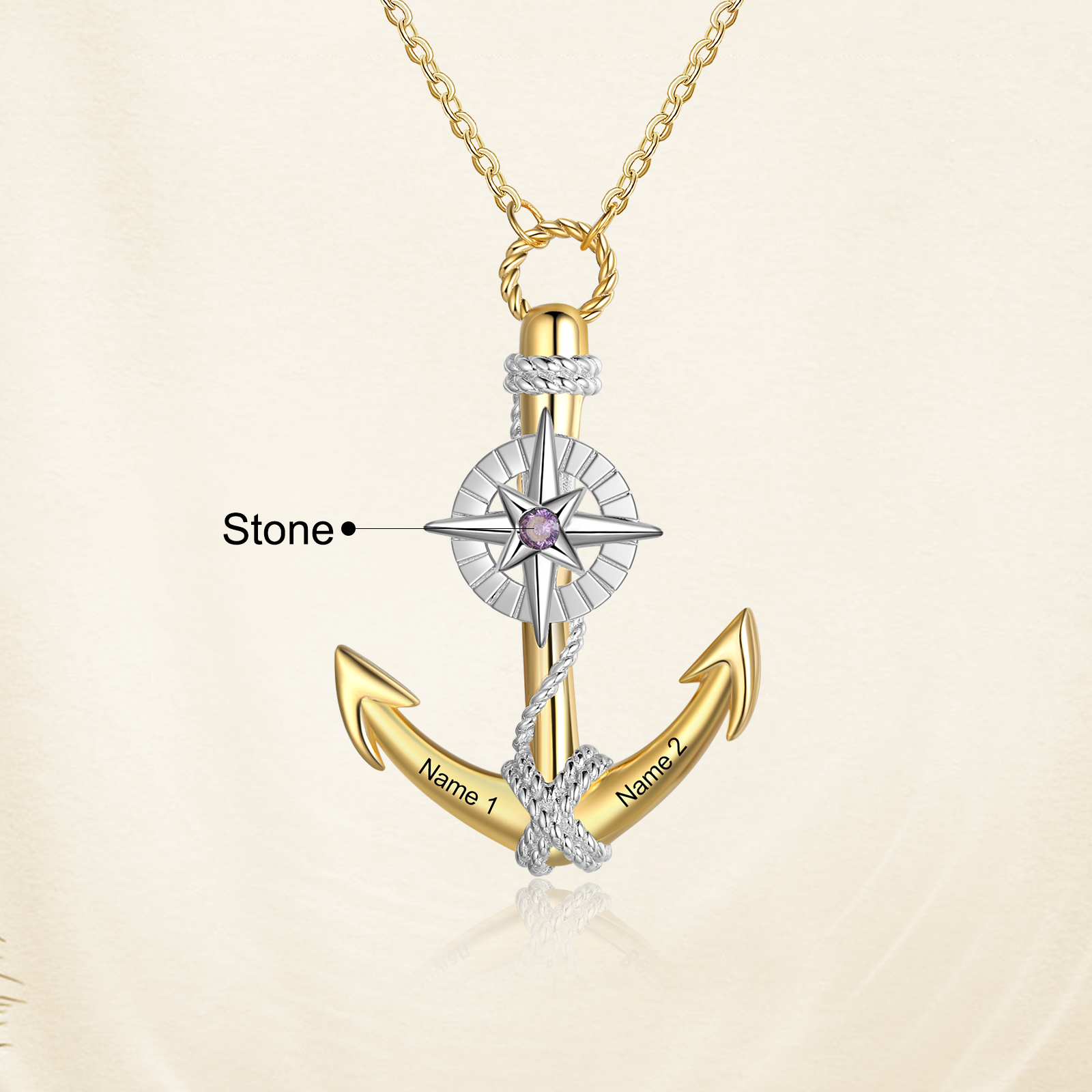 Collier d'ancre marine nautique Pirate ancre pendentif 2 Prénom Personnalisés avec pierre de naissance