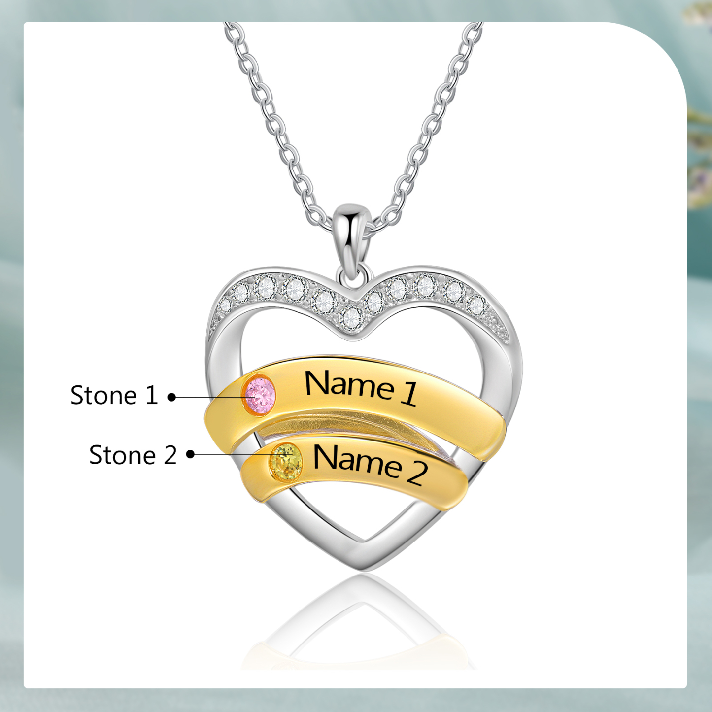 Collier Pendentif Cœur 2 Prénoms Personnalisés avec Pierre de Naissance Collier Femmes