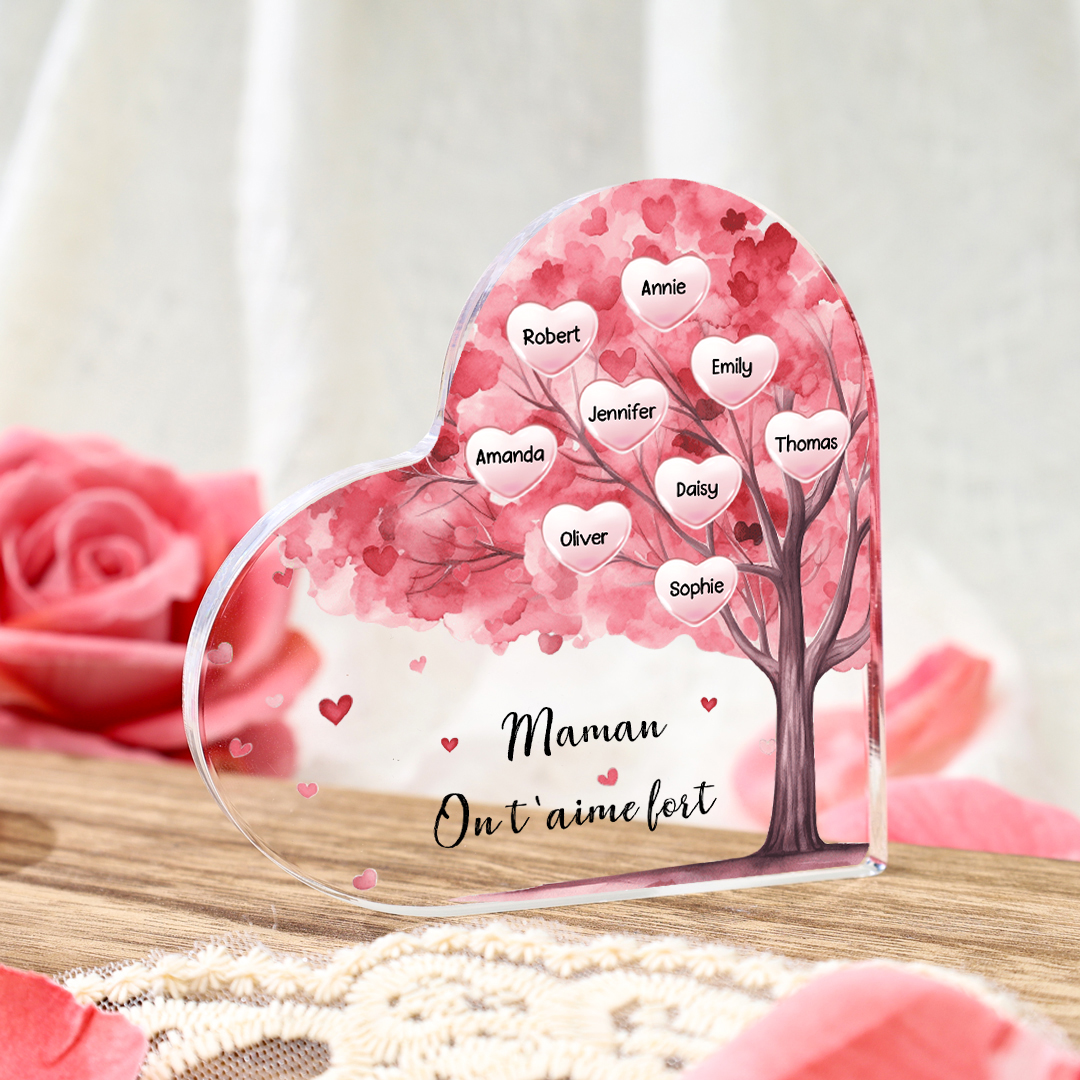 À ma Maman/Mamie - Plaque Acrylique Arbre en Forme de Cœur 9 Prénoms Personnalisés avec 1 Texte