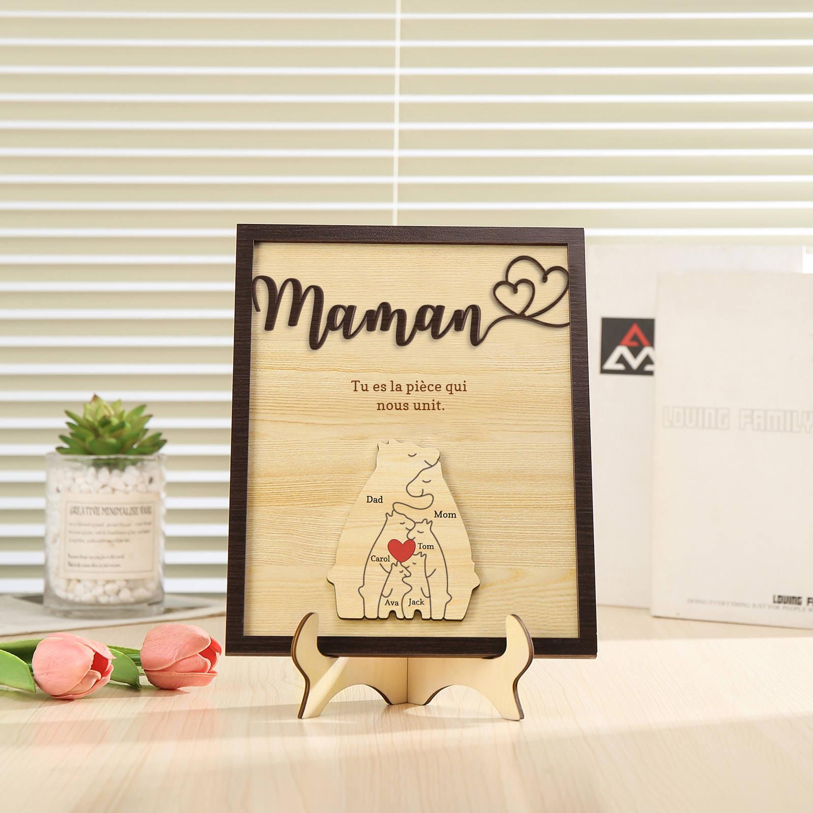 À ma Maman - Décoration en bois Ours 6 Prénoms Personnalisés Ornement pour Famille