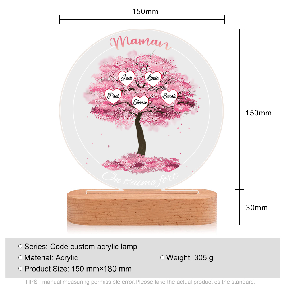 À Maman/Mamie - Lampe de chevet LED Lumières Arbre 5 Prénoms et 2 Textes Personnalisés pour Famille
