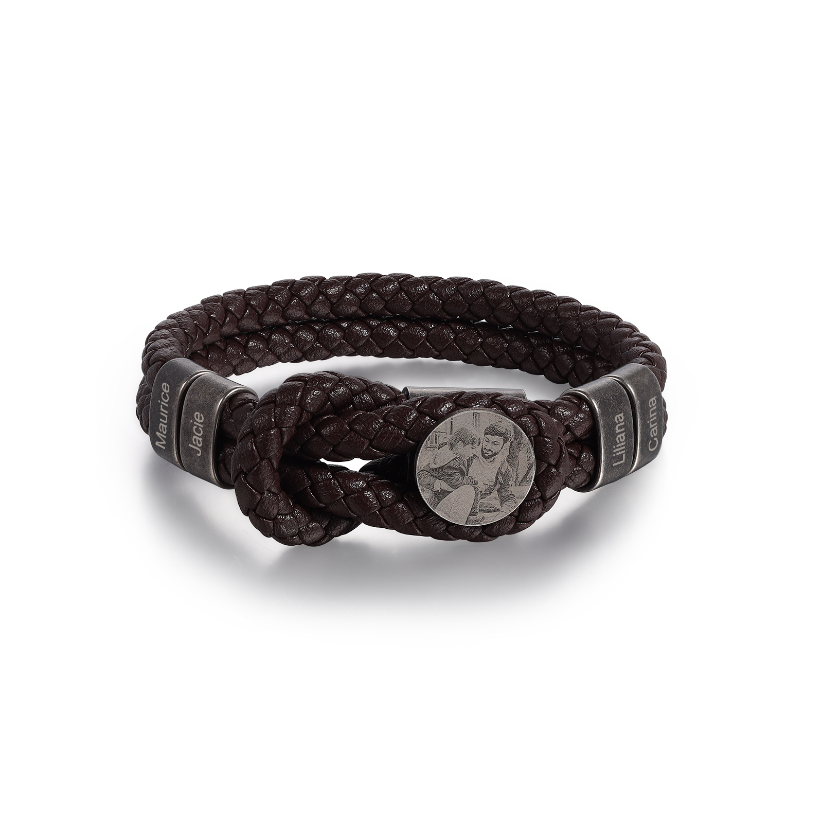 Bracelet Photo Personnalisé avec 4 Prénoms Bracelet en Cuir pour Homme