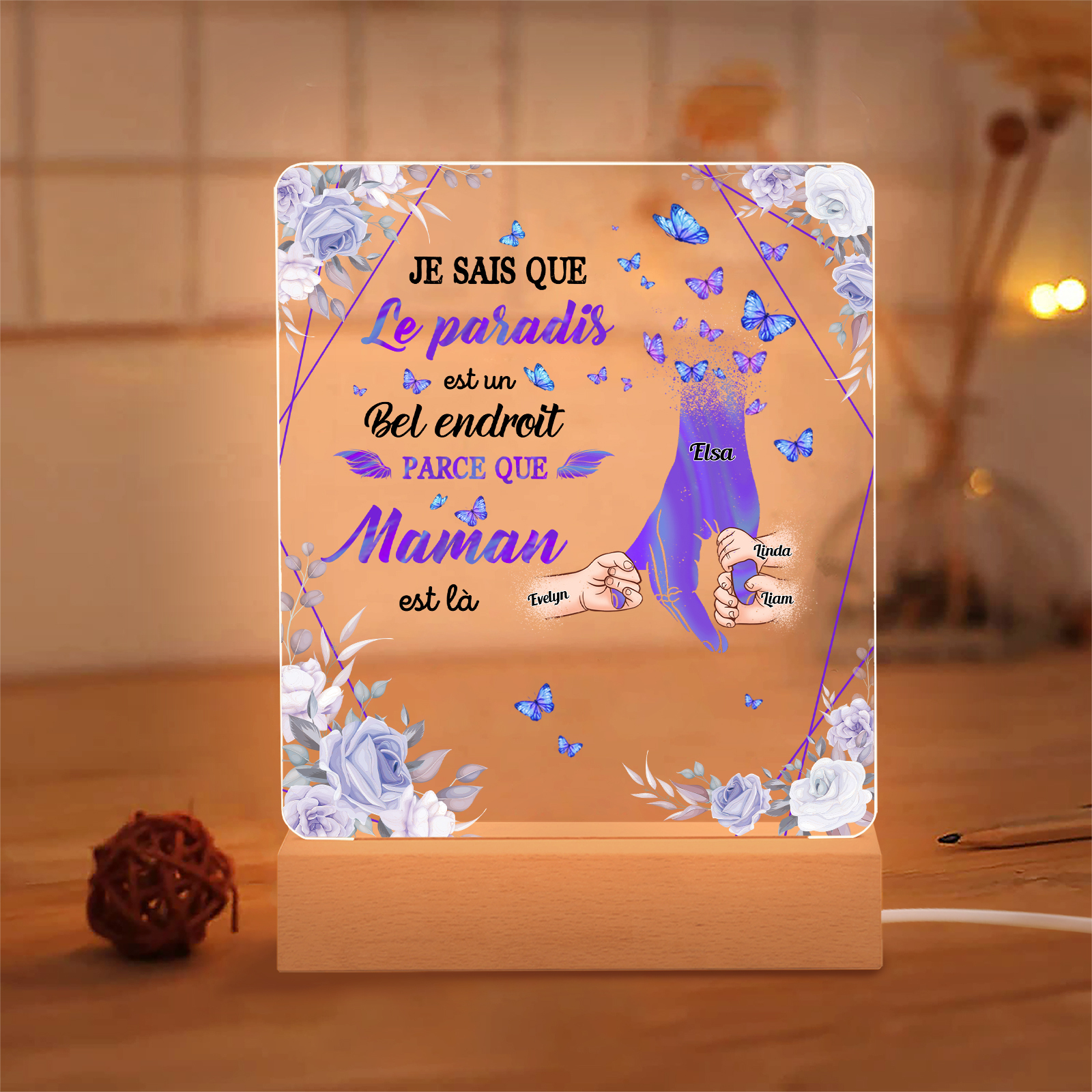 À Maman/Papa - Lampe de chevet LED Commémorative 4 Prénoms Personnalisés avec 1 Texte Lampe de chevet la main dans la main