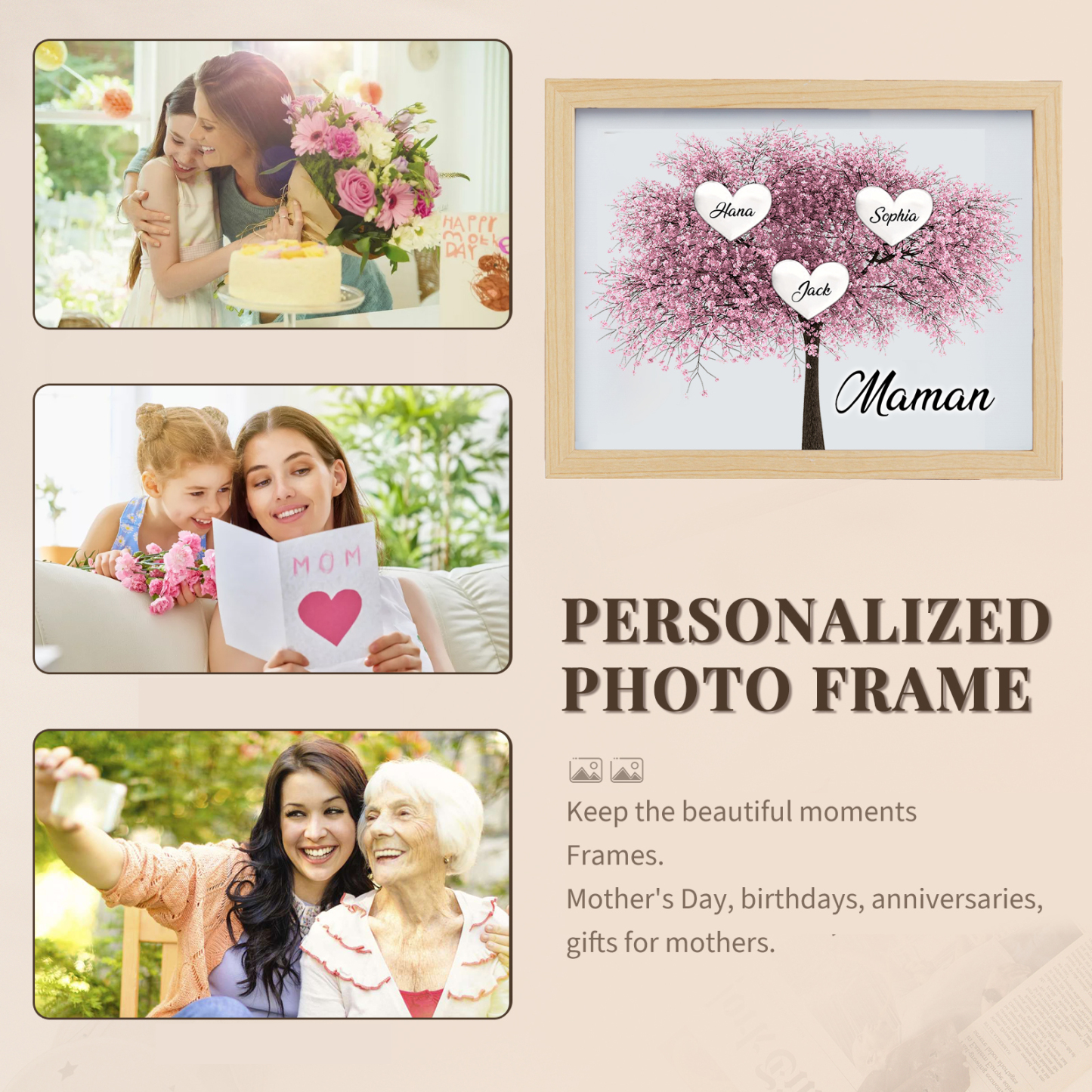 Cadre Photo LED Arbre de Vie 3 Prénoms et 1 Texte Personnalisé Décoration Famille