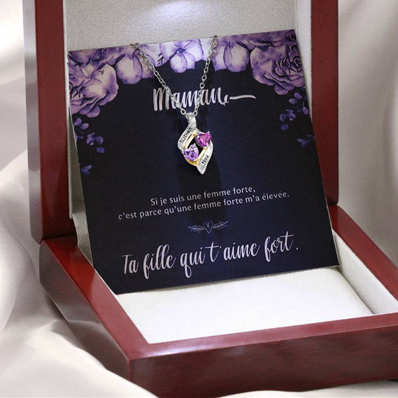 A ma maman-Collier Personnalisé 2 pierres naissance ARGENT 925 avec Carte et Coffre