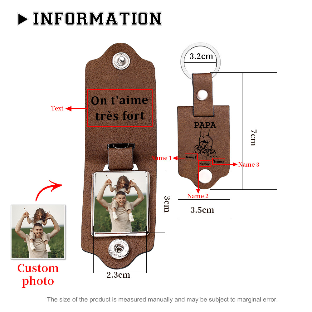 À mon Papa - Porte-Clés Cuir Poings 3 Prénoms Personnalisés avec Photo et Texte