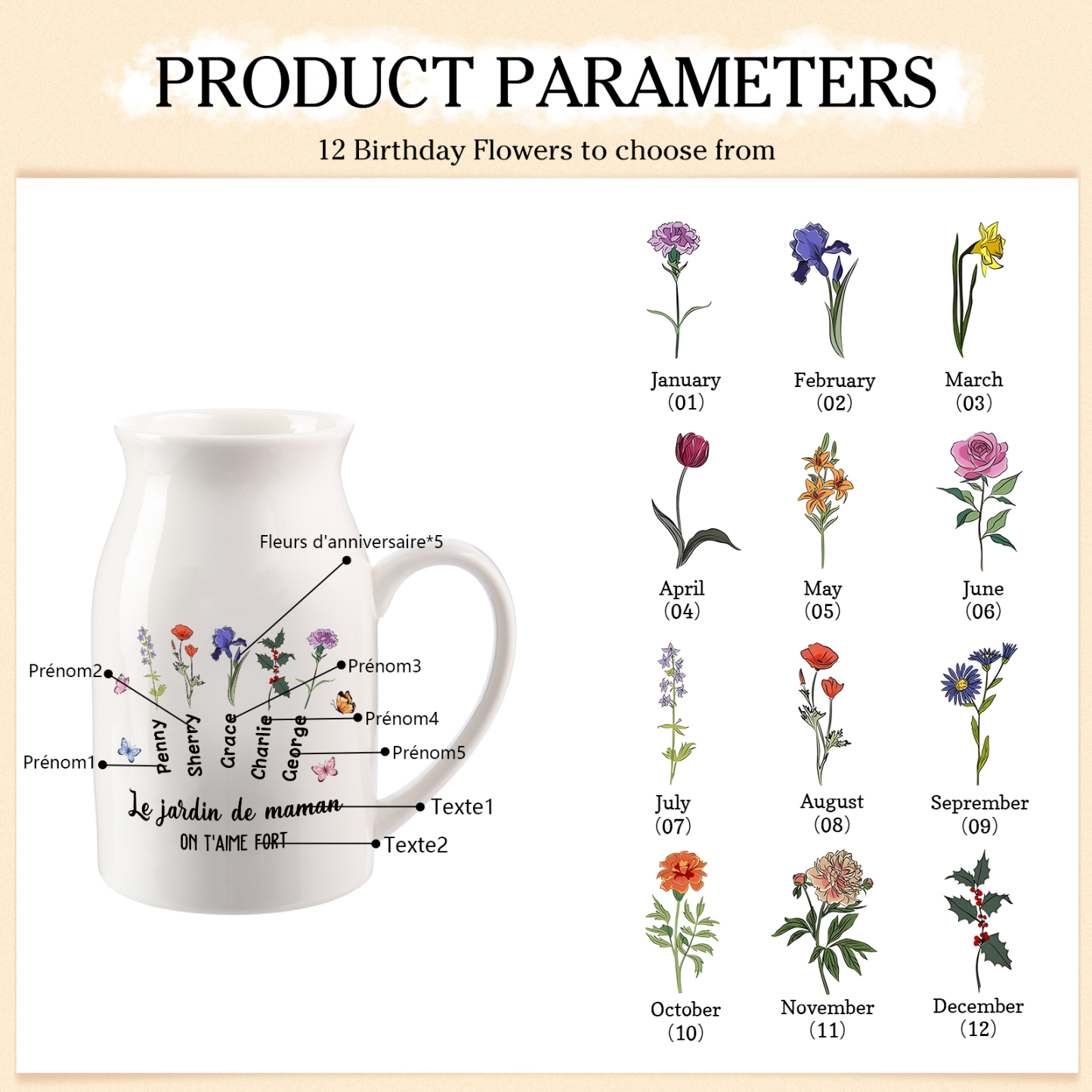 Vase à Fleurs Papillon 5 Prénoms et Fleurs de Naissance Personnalisés avec 2 Textes Décoration de la Maison