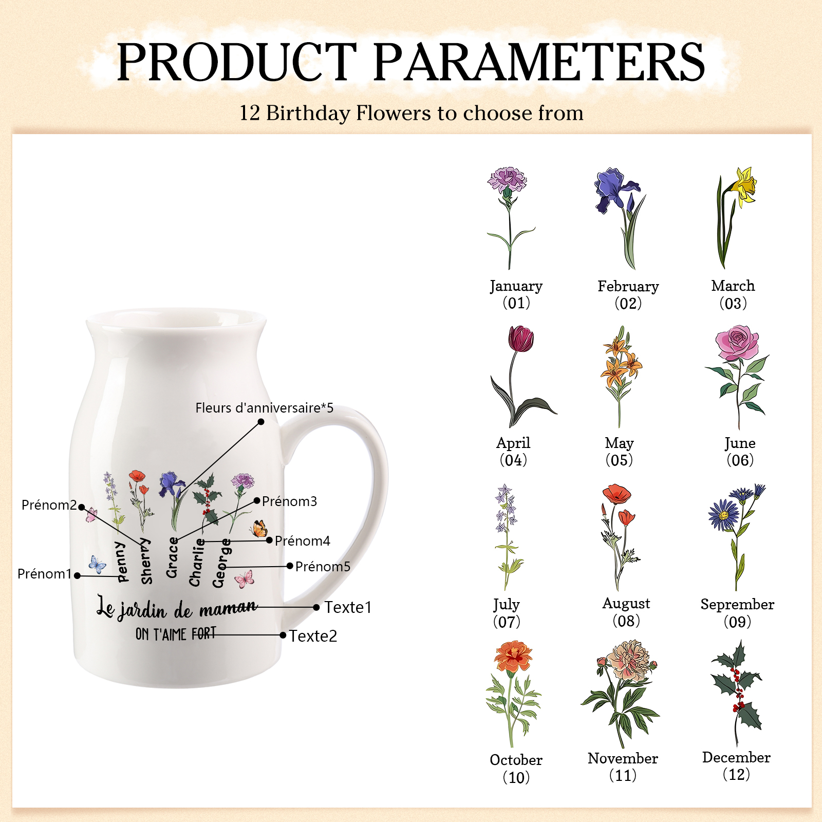 Vase à Fleurs Papillon 5 Prénoms et Fleurs de Naissance Personnalisés avec 2 Textes Décoration de la Maison