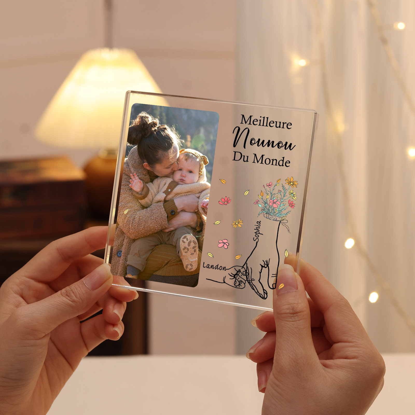 À ma Nounou - Plaque Acrylique Carrée la Main dans la Main 2 Prénoms Personnalisés avec Photo