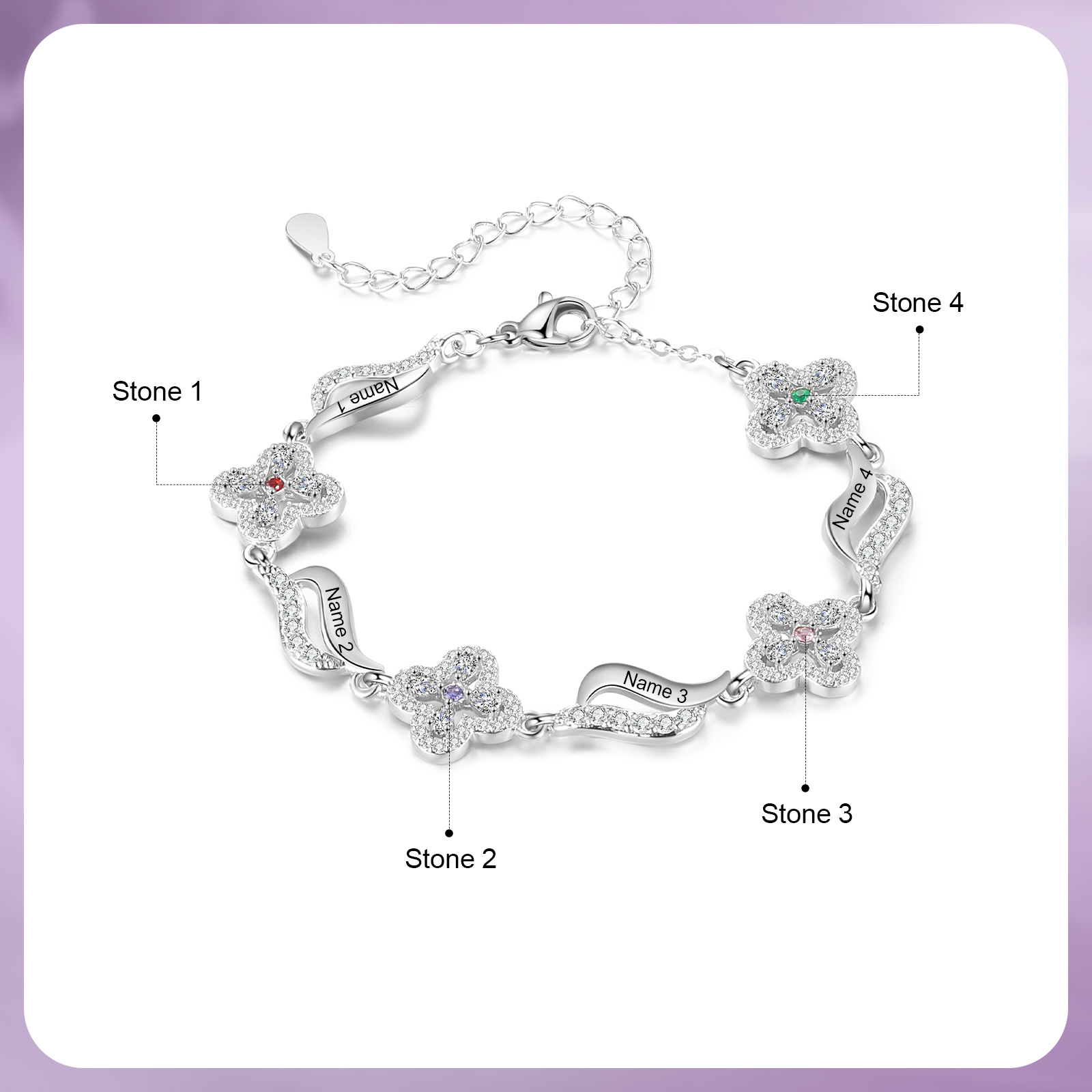 Bracelet Fleurs 4 Prénoms Personnalisés avec 4 Pierres de Naissance pour Femme | Jessemade