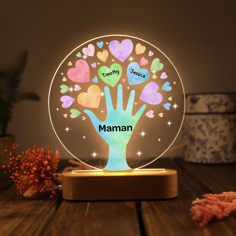 À Maman/Mamie - Lampe de chevet LED Lumières Cœur 2 Prénoms Personnalisés avec 1 Texte pour Famille