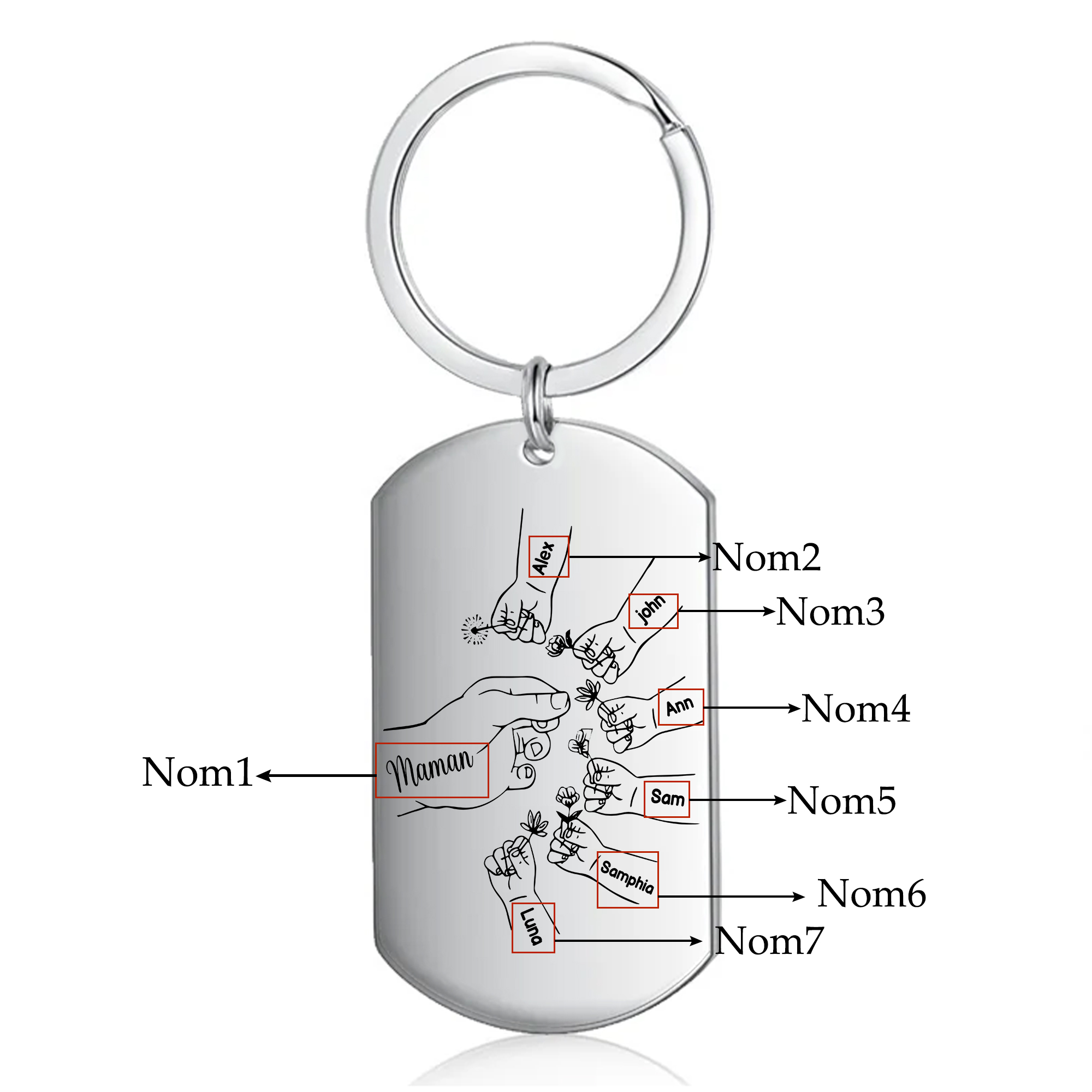 À ma Maman/Mamie - Porte-Clés 2-7 Prénoms Personnalisés Porte-Clés Mains et Fleurs