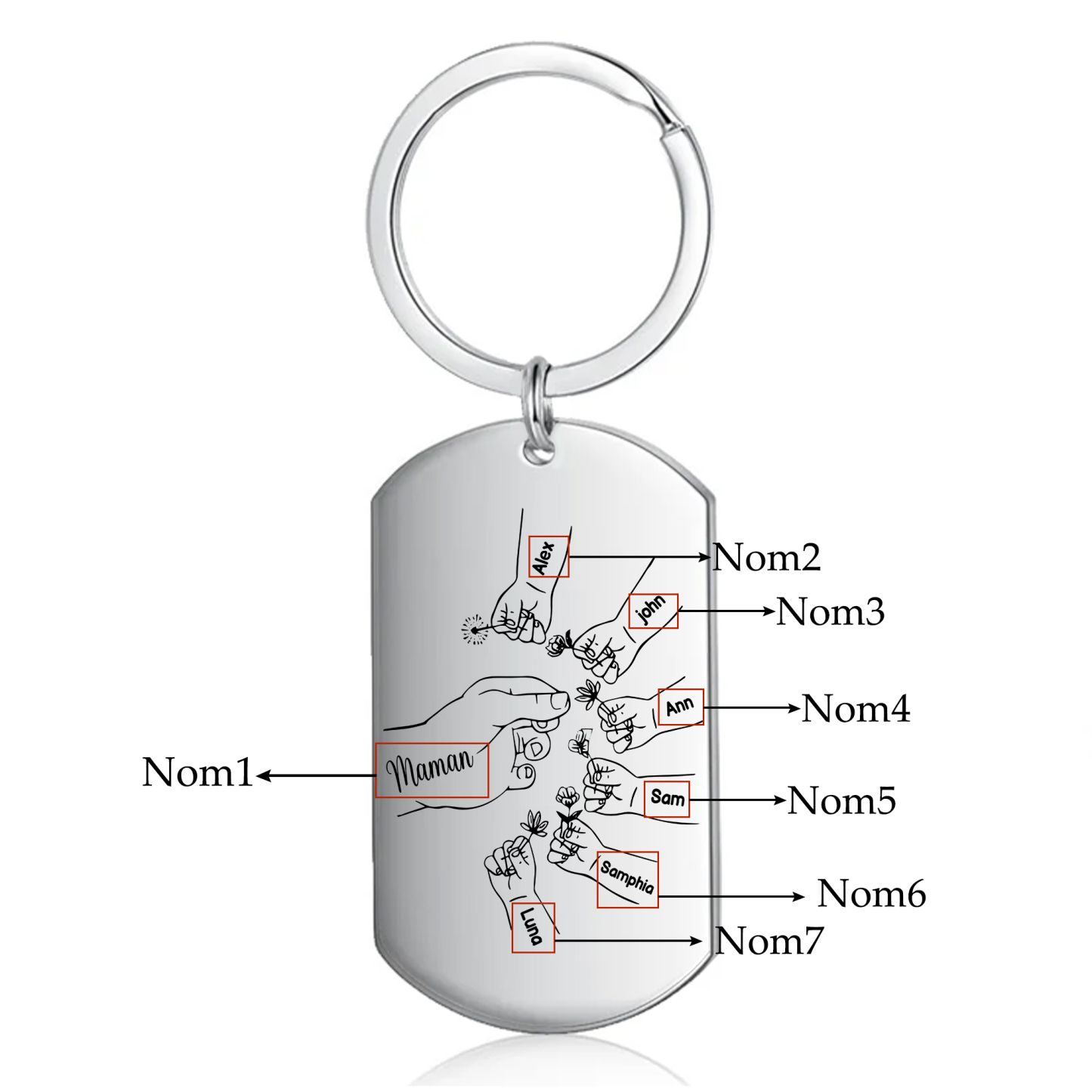 À ma Maman/Mamie - Porte-Clés 2-7 Prénoms Personnalisés Porte-Clés Mains et Fleurs