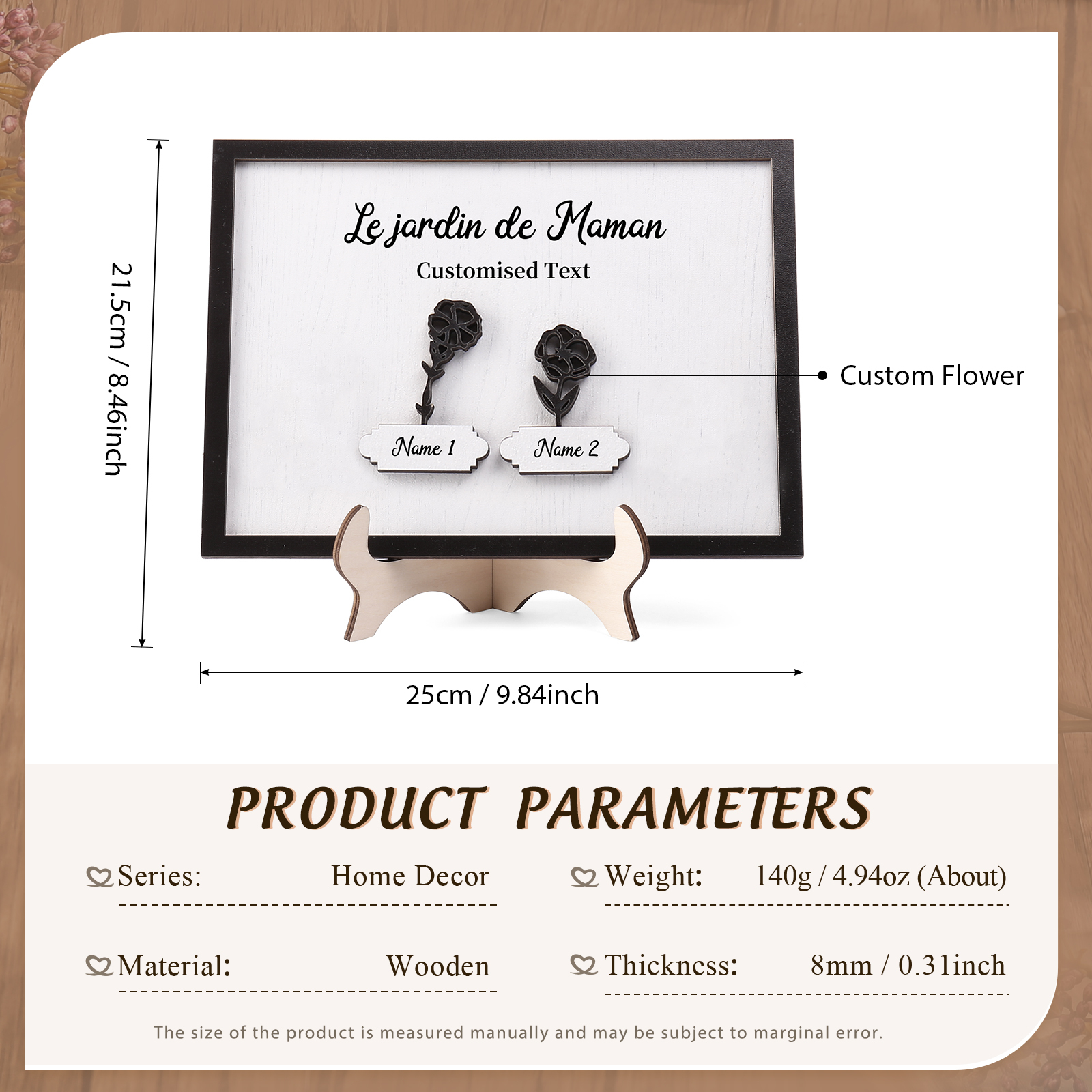À ma Maman - Décoration en bois Fleurs 2 Prénoms Personnalisés avec Fleurs de naissance Ornement pour Famille