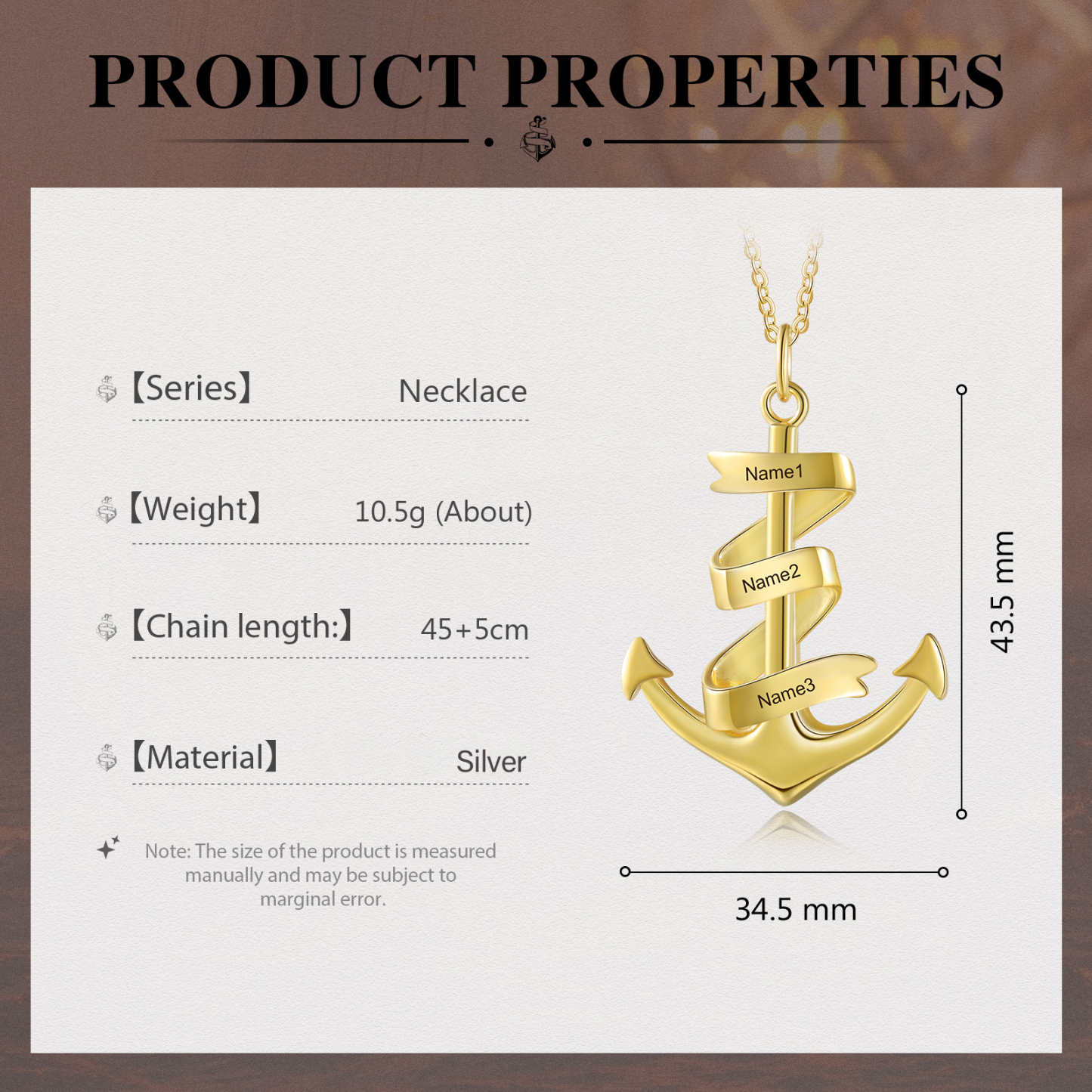 Collier d'ancre marine nautique Pirate ancre pendentif 3 Prénoms Personnalisés Collier Homme