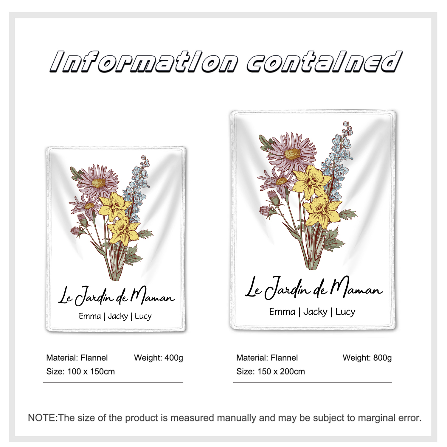 À ma Maman - Plaid Personnalisé avec 3 Prénoms et Fleurs de Naissance Couverture en Flanelle Blanc/Rose le jardin de Maman | Jessemade