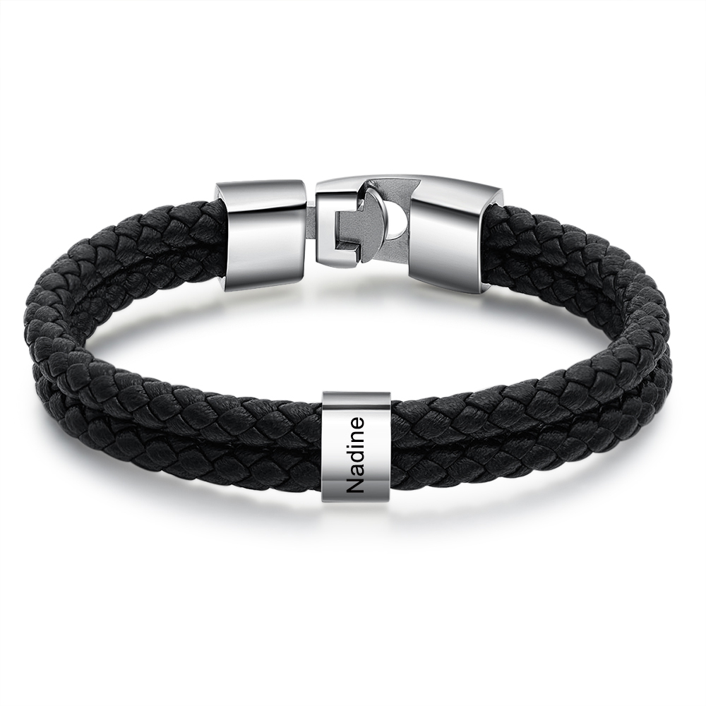 Bracelet Cuir tressé 1 Perles Prénom Personnalisé Bracelet Homme