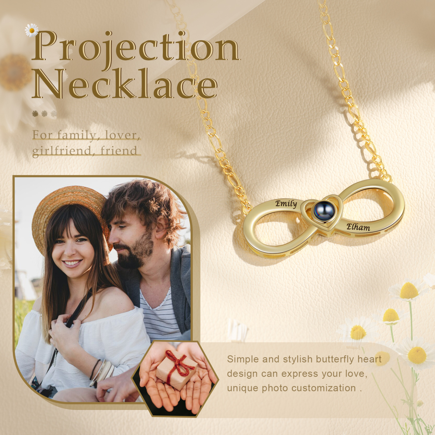 Collier Infini Projection de Pierres 2 Prénoms et 1 Photo Personnalisés pour Couple