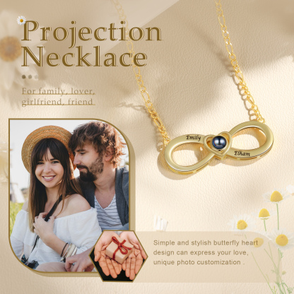 Collier Infini Projection de Pierres 2 Prénoms et 1 Photo Personnalisés pour Couple