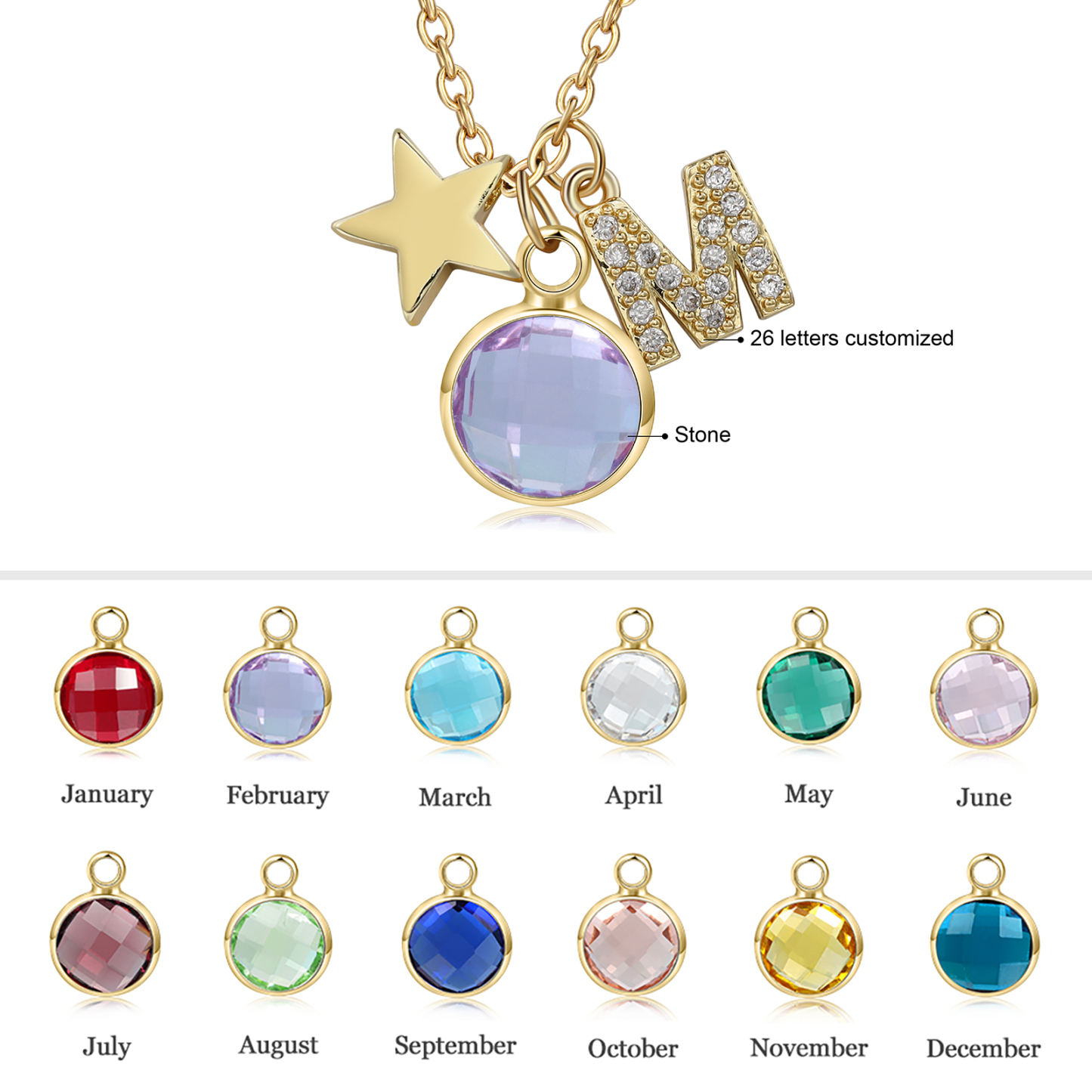 Collier Enfants Bébé 1 Pierre de Naissance et 1 Lettre pour Fille Filleule