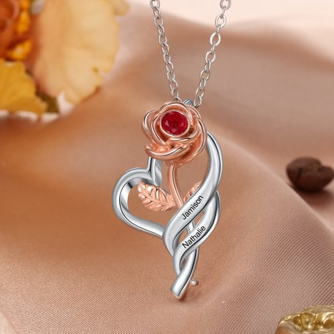 Collier rose 2 Prénom Personnalisé avec pierre de naissance