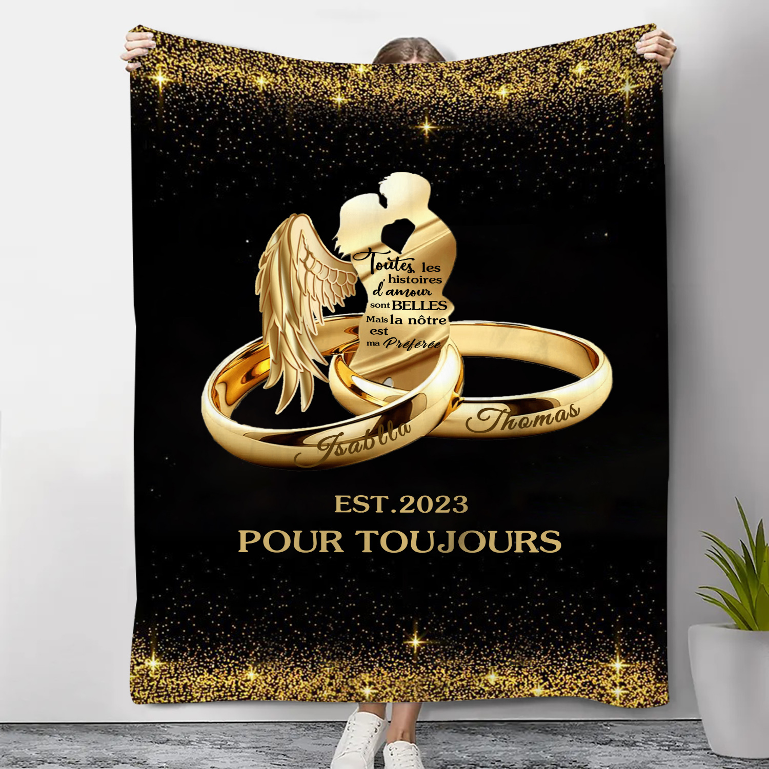 Couverture Plaids Polaire 2 Prénoms Personnalisés avec Année et Texte-Jessemade FR