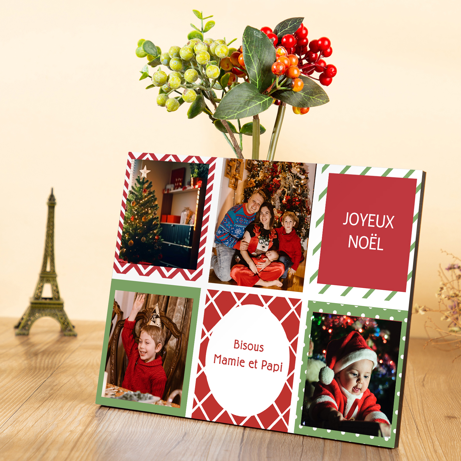 À ma Famille - Cadre en Bois de Noël 4 Photos Personnalisées avec 2 Prénoms | Jessemade