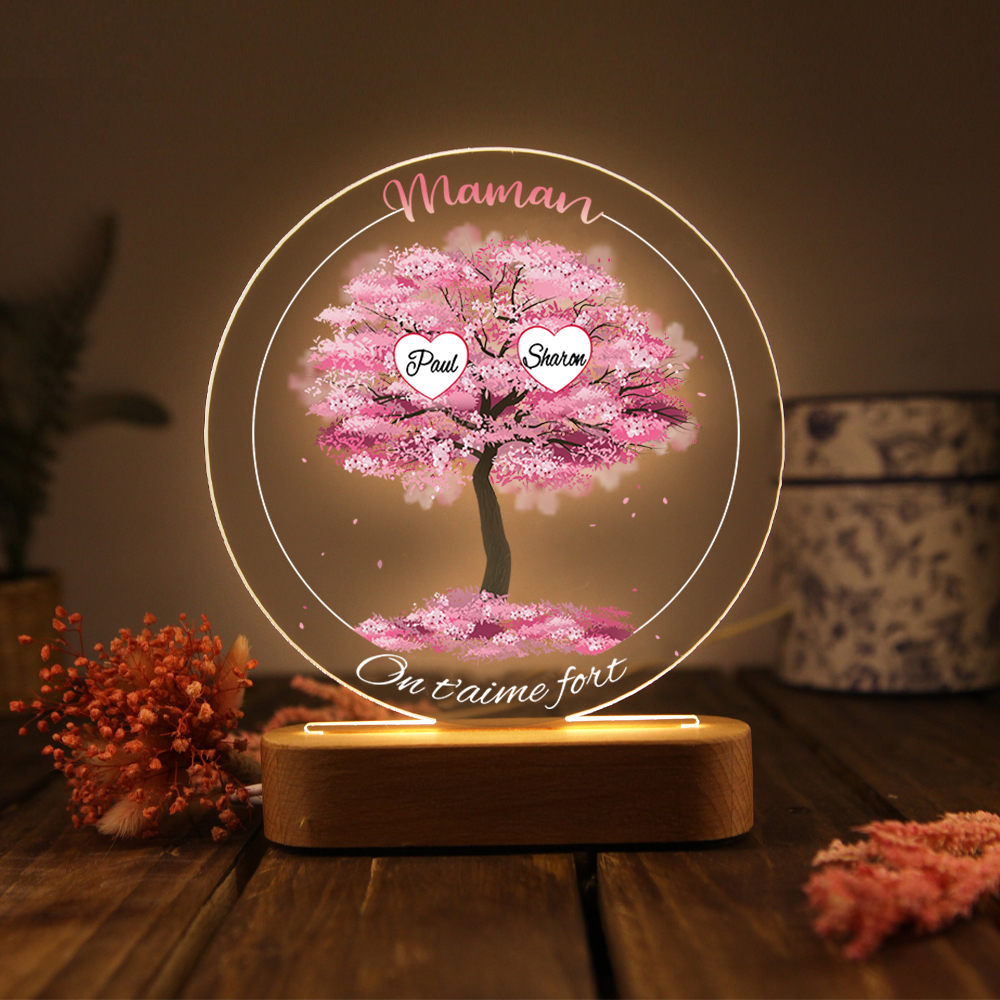 À Maman/Mamie - Lampe de chevet LED Lumières Arbre 2 Prénoms et 2 Textes Personnalisés pour Famille