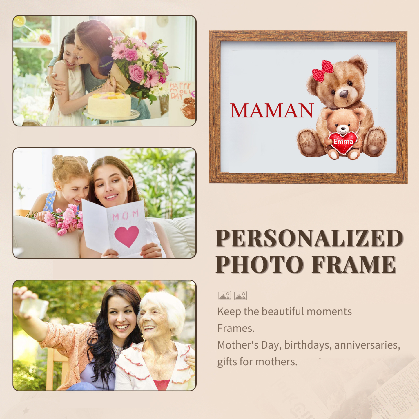Cadre Photo LED Ours 1 Prénom Personnalisé avec 1 Texte Décoration Famille