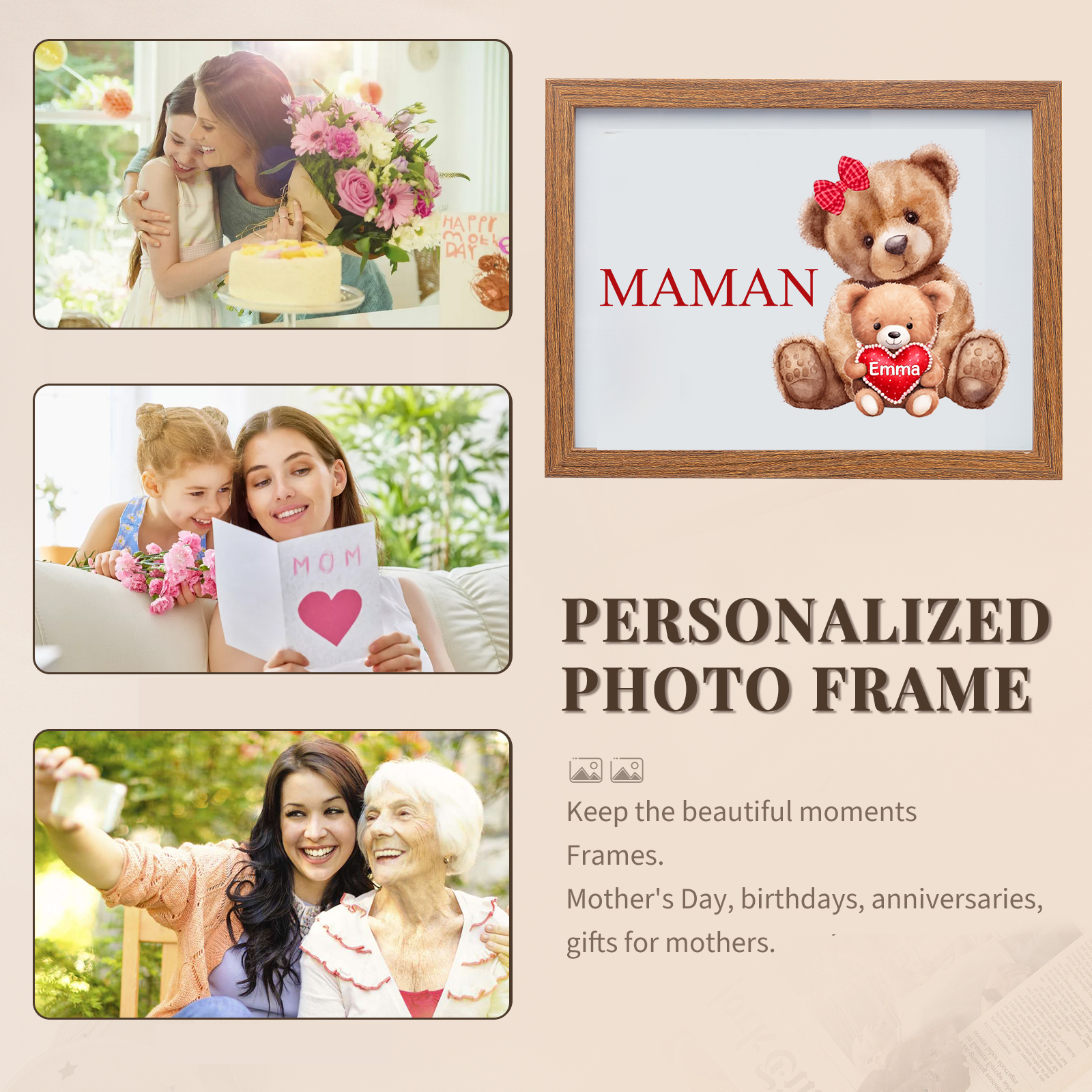 Cadre Photo LED Ours 1 Prénom Personnalisé avec 1 Texte Décoration Famille