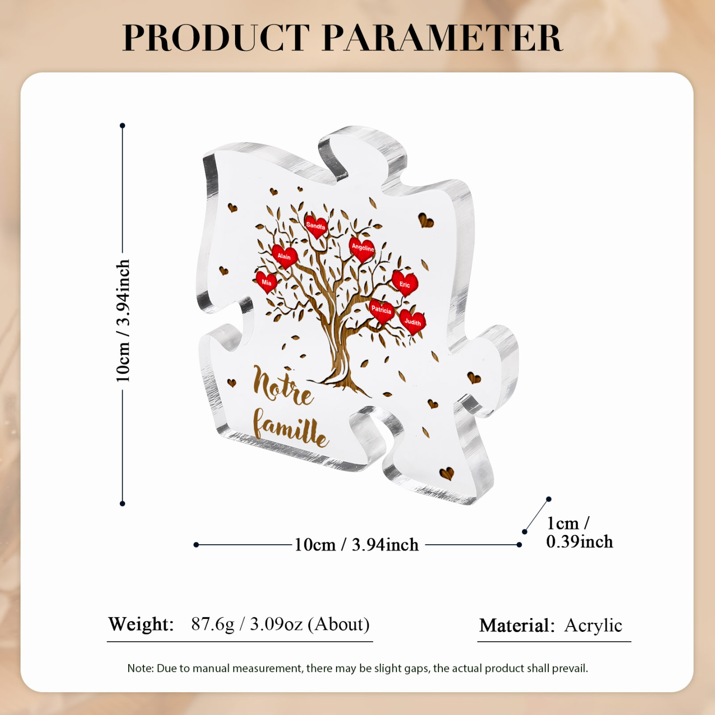 Plaque Acrylique en forme de Puzzle Arbre de Vie 7 Prénoms et Texte Personnalisés