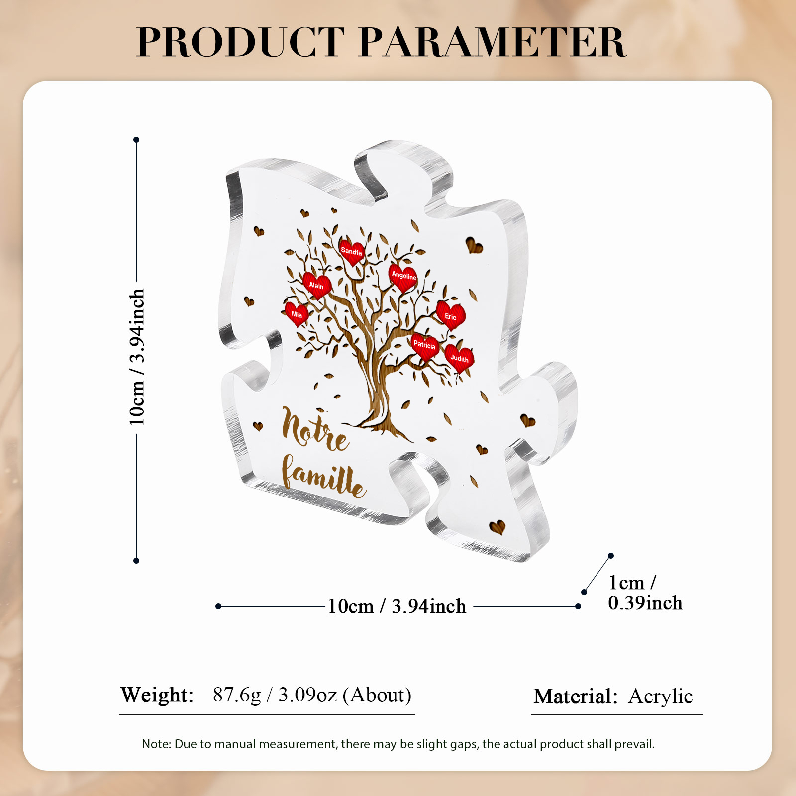 Plaque Acrylique en forme de Puzzle Arbre de Vie 7 Prénoms et Texte Personnalisés