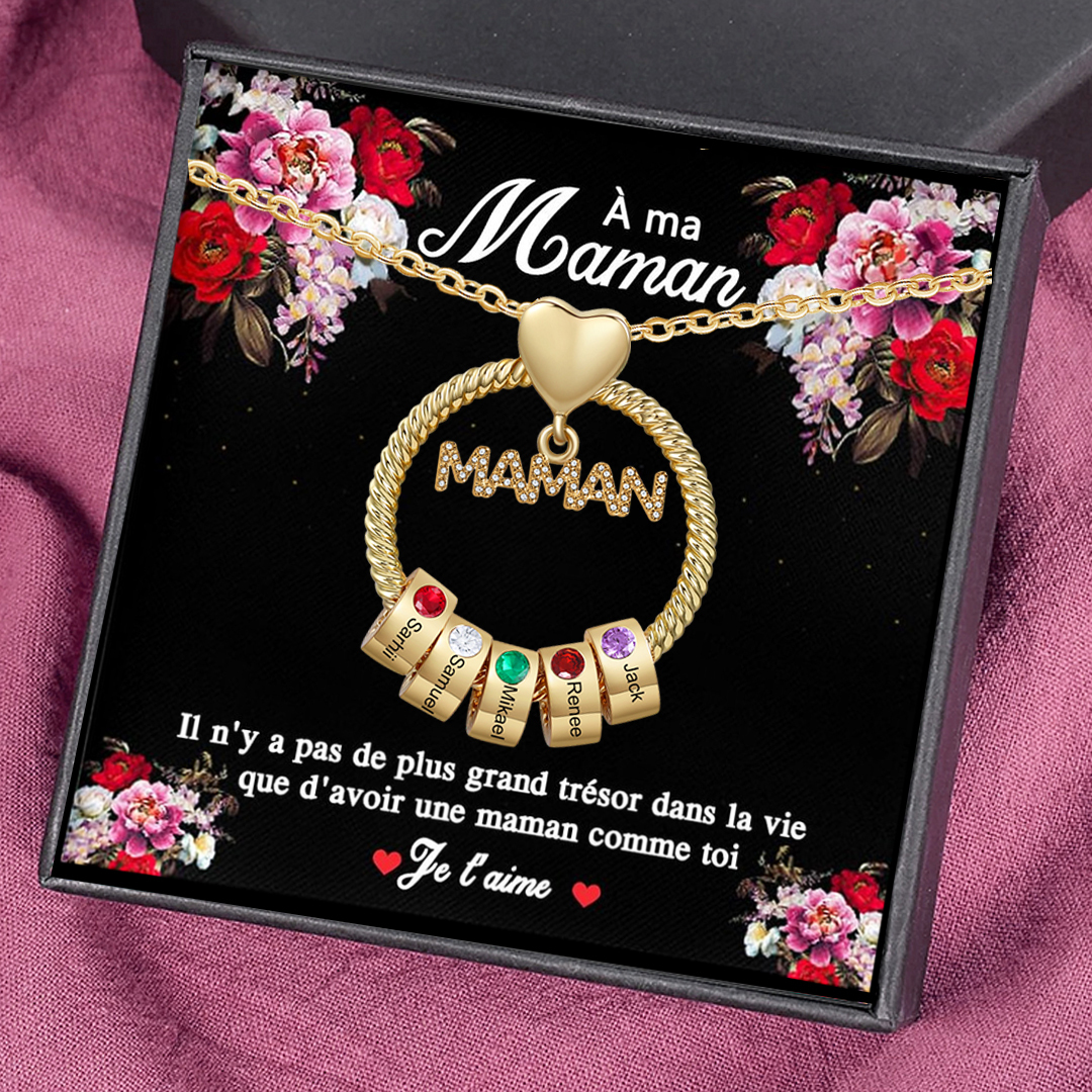 À ma Maman - Collier Pendentif 5 Prénoms Personnalisés avec Pierre de naissance