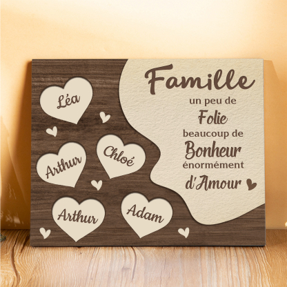 Cadre en Bois Cœur 5 Prénoms Personnalisés pour Famille
