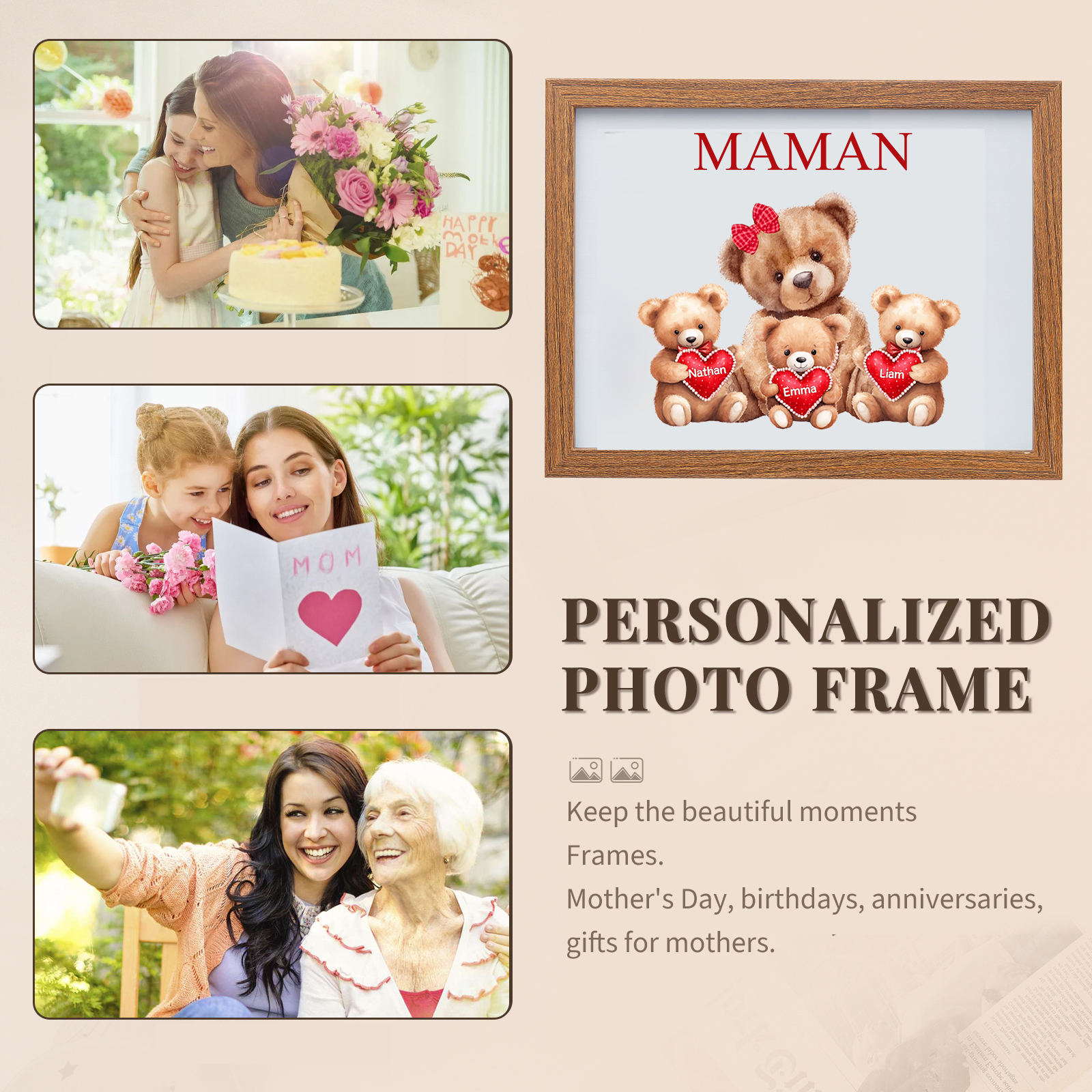 Cadre Photo LED Ours 3 Prénoms Personnalisés avec 1 Texte Décoration Famille