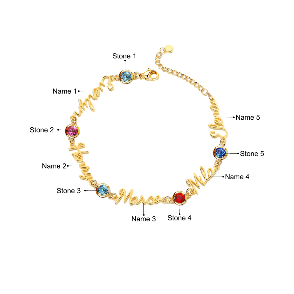 Bracelet Breloque 5 Prénoms Personnalisés avec 5 Pierre de Naissance pour Femmes