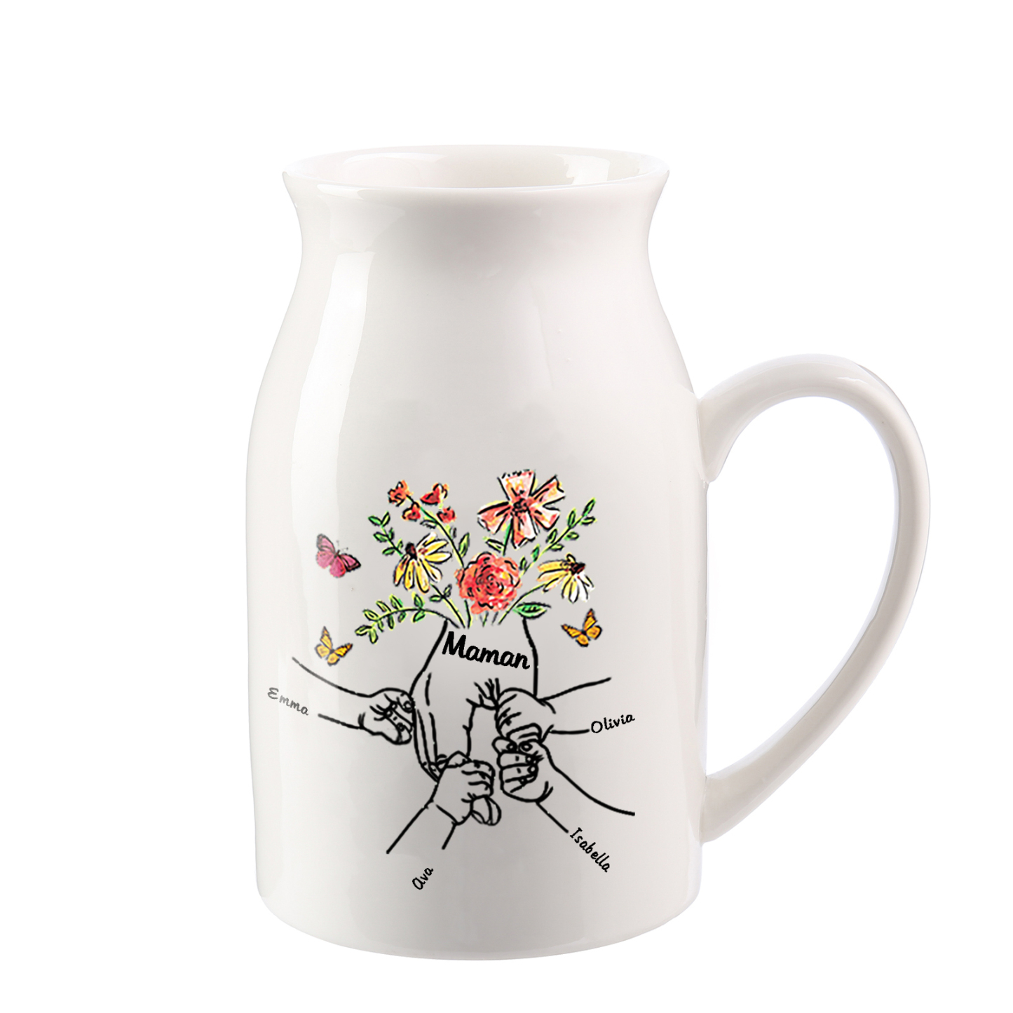 Vase à Fleurs la Main dans la Main 4 Prénoms Personnalisés avec Texte Décoration de la Maison