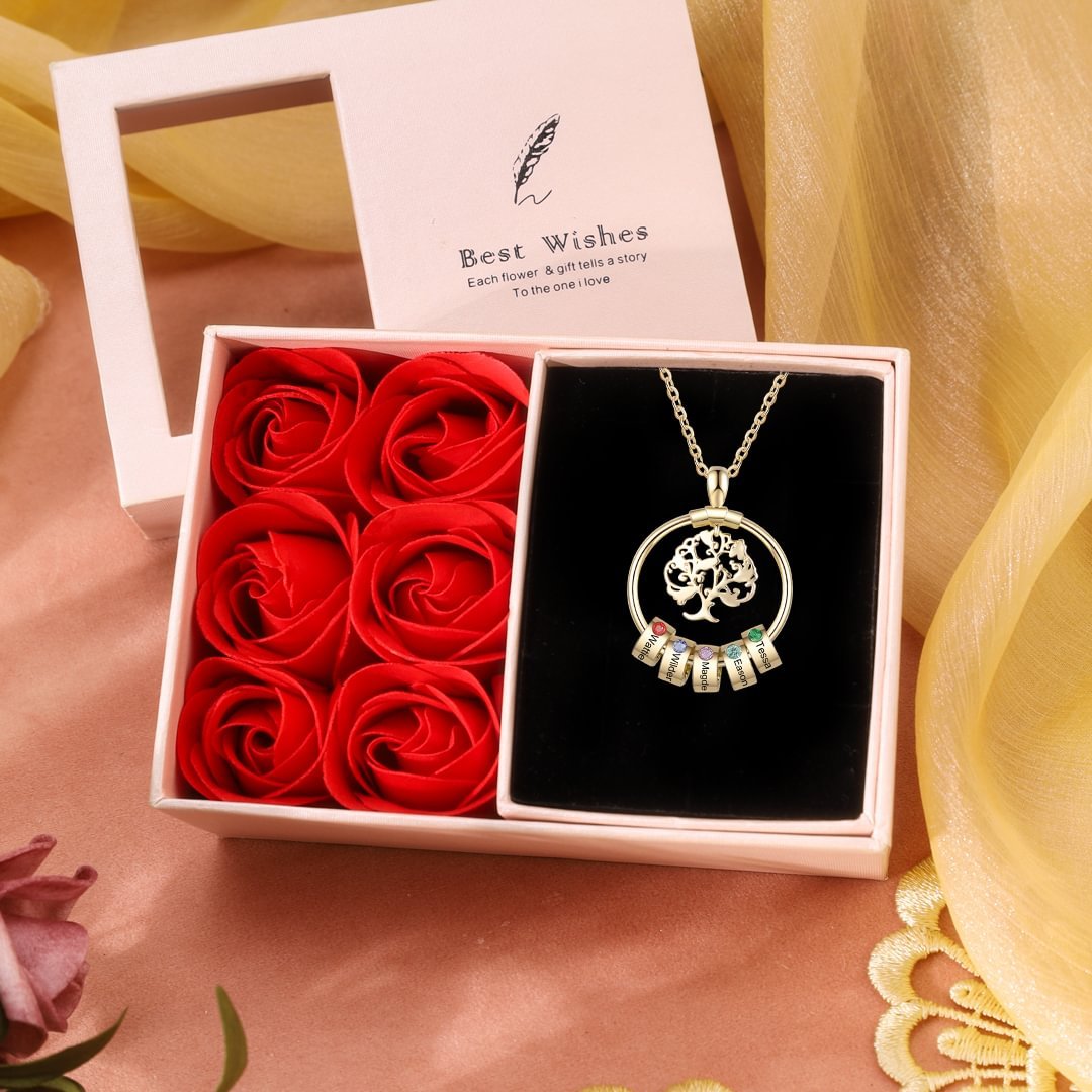 Collier Pendentif Arbre de vie Arbre généalogique 5 Prénoms Personnalisés avec Pierre de Naissance