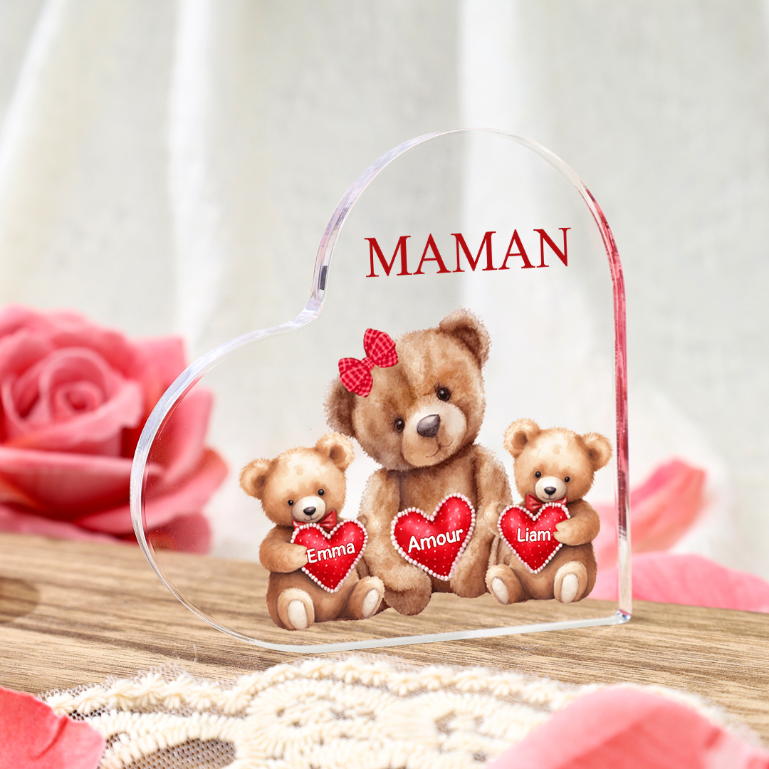 À ma Maman/Mamie - Plaque Acrylique Ours en Forme de Cœur 2 Prénoms Personnalisés avec 1 Texte