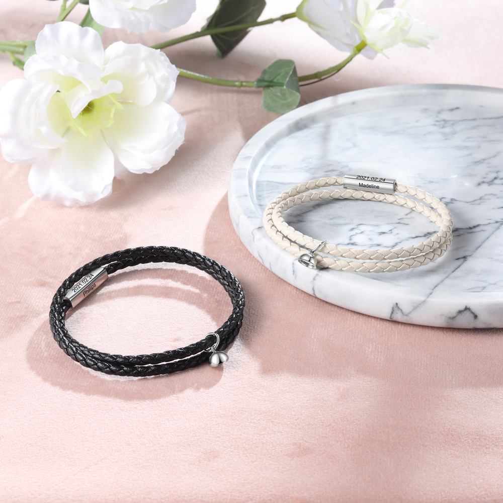 2PCS Bracelets en commun 2 Prénoms Personnalisés avec date Noeud Coulissant｜Jessemade