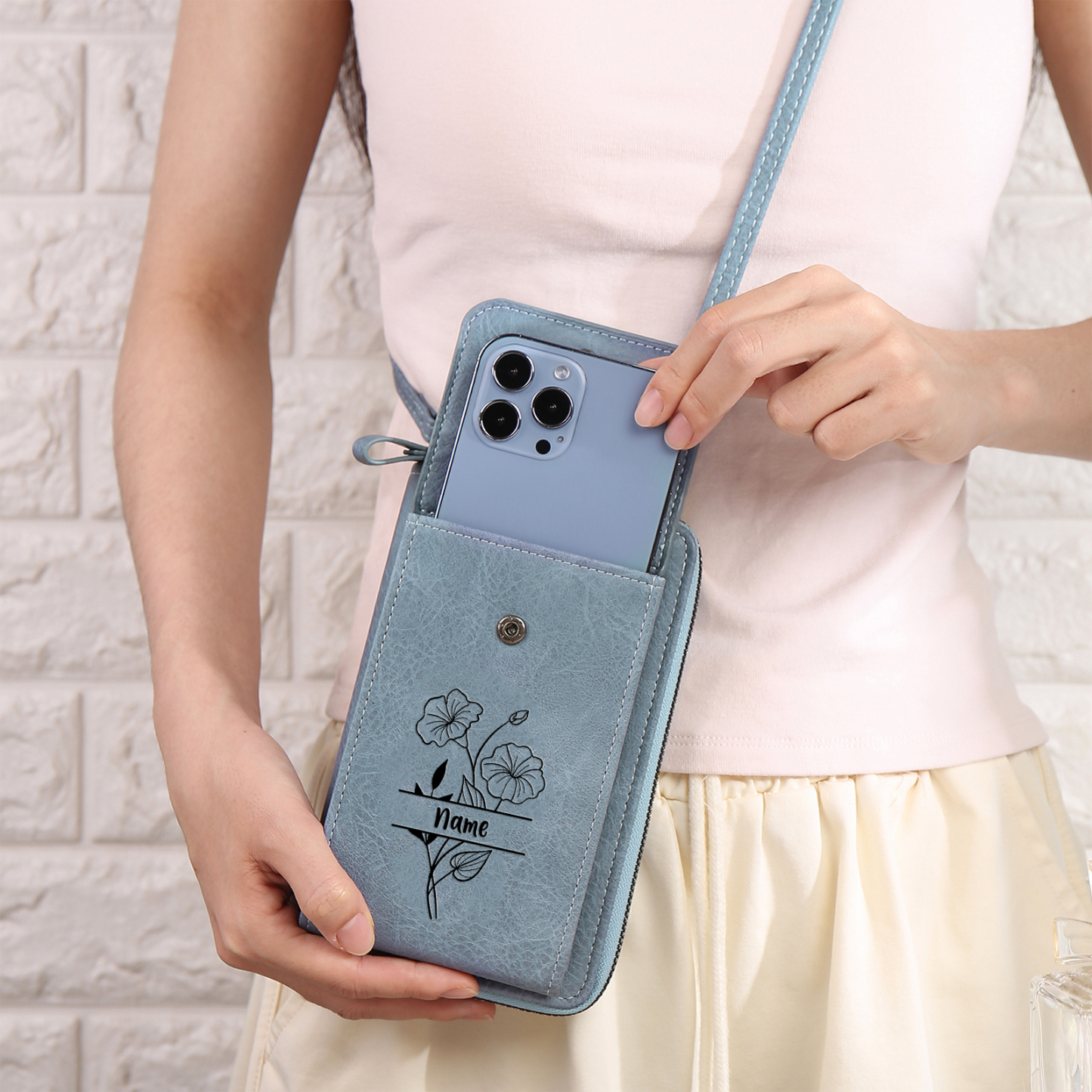 Portefeuille/Sac Bandoulière Femmes 1 Prénom et Fleur de Naissance Personnalisés