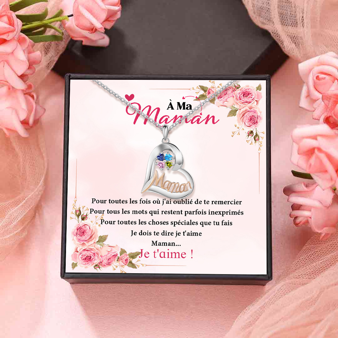 À Ma Maman-Collier Cœur 4 Prénoms Personnalisés avec 4 Pierres de Naissance