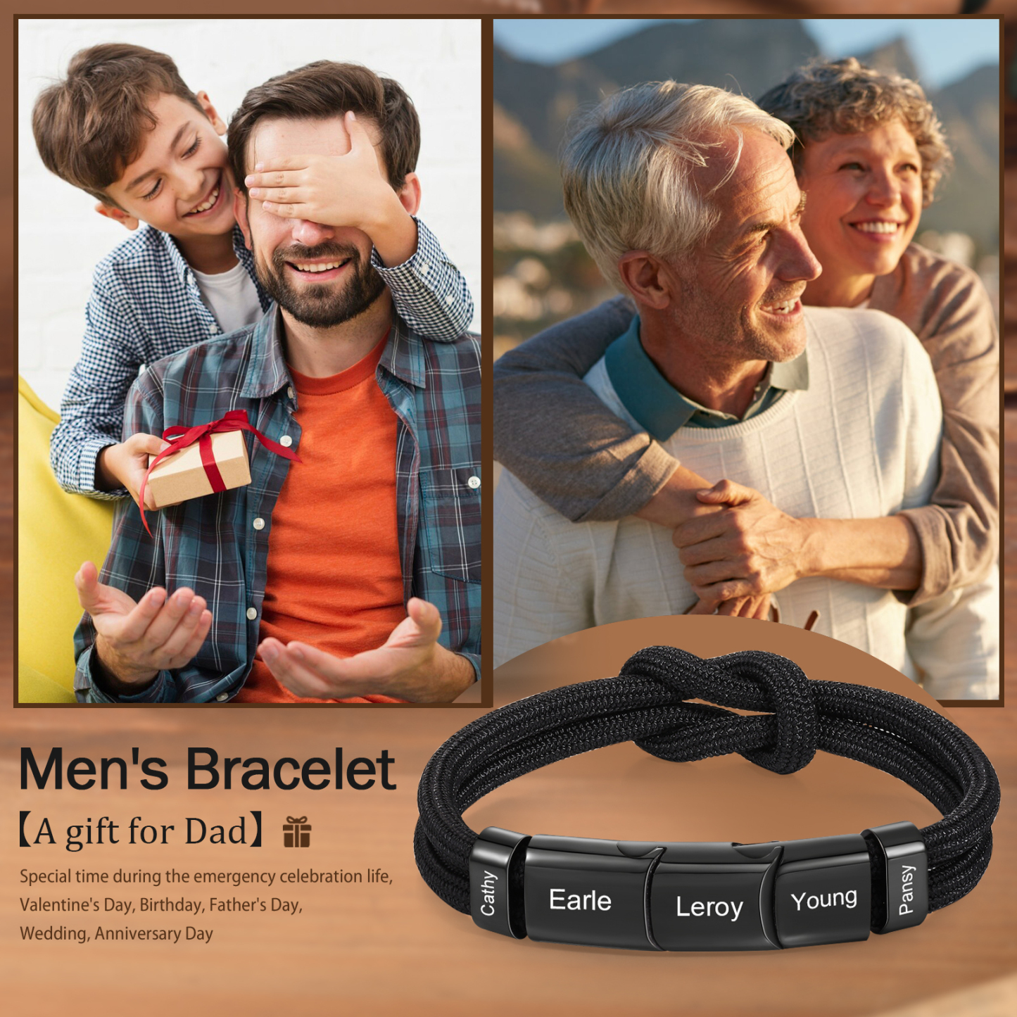 Bracelet Nœud 5 Prénoms Personnalisés pour Hommes