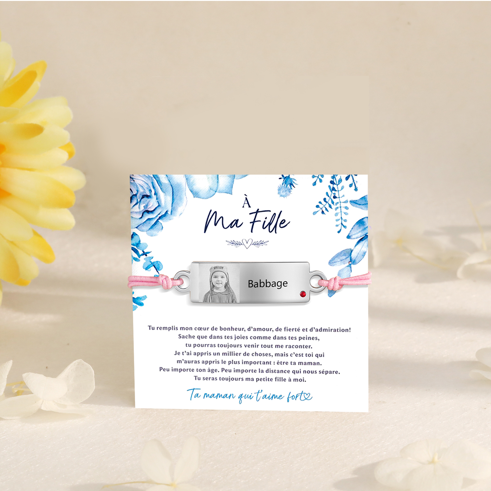 À Ma Fille - Bracelet Prénom et Photo Personnalisés avec Pierre de Naissance Corde élastiques - Cadeau Rentrée Scolaire